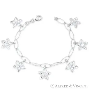 14x14mm Orchid Flowers on 5mm Oval Link Chain Italian Charm Bracelet in .925 Sterling Silver