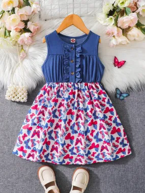 1pc Young Girls' Summer Denim-Like Patchwork Dress