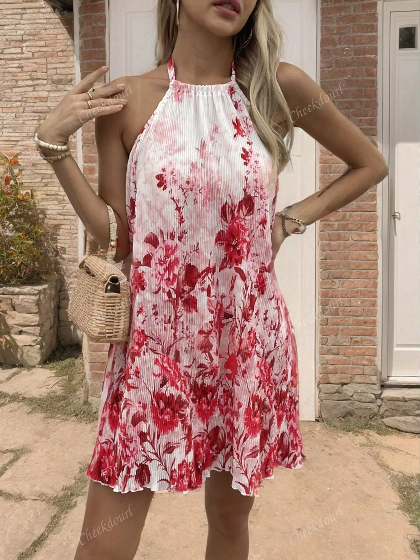 2024 New Fashion Halter Elegant Resort Style Romantic Red Floral Print Dress