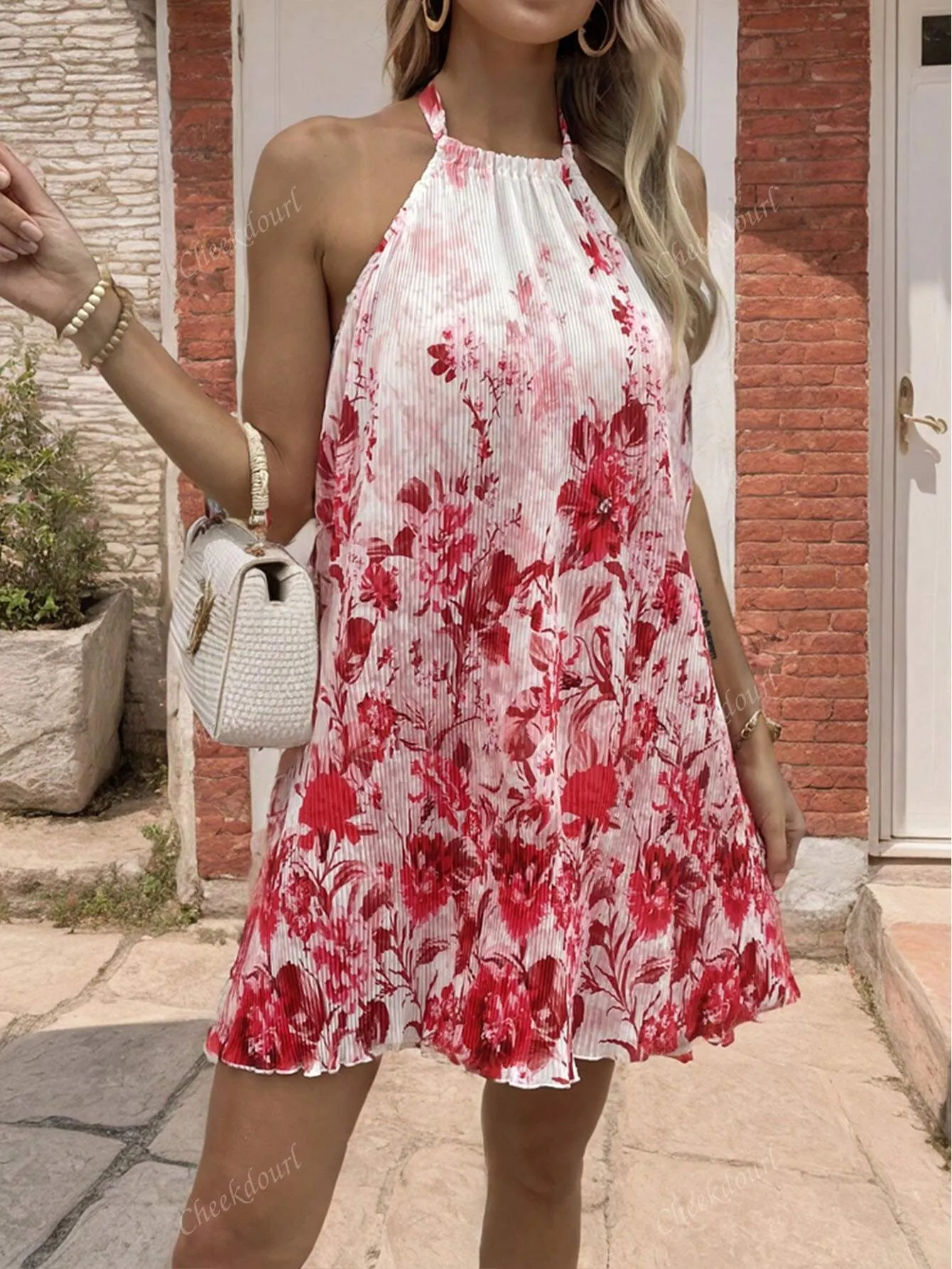 2024 New Fashion Halter Elegant Resort Style Romantic Red Floral Print Dress