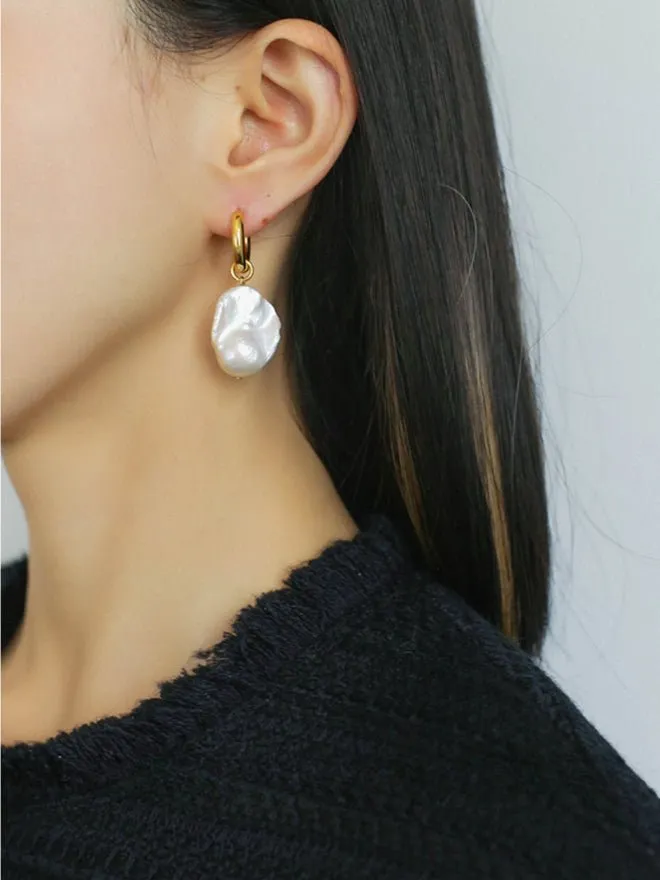 Baroque Pearl Drop Hoop Earrings