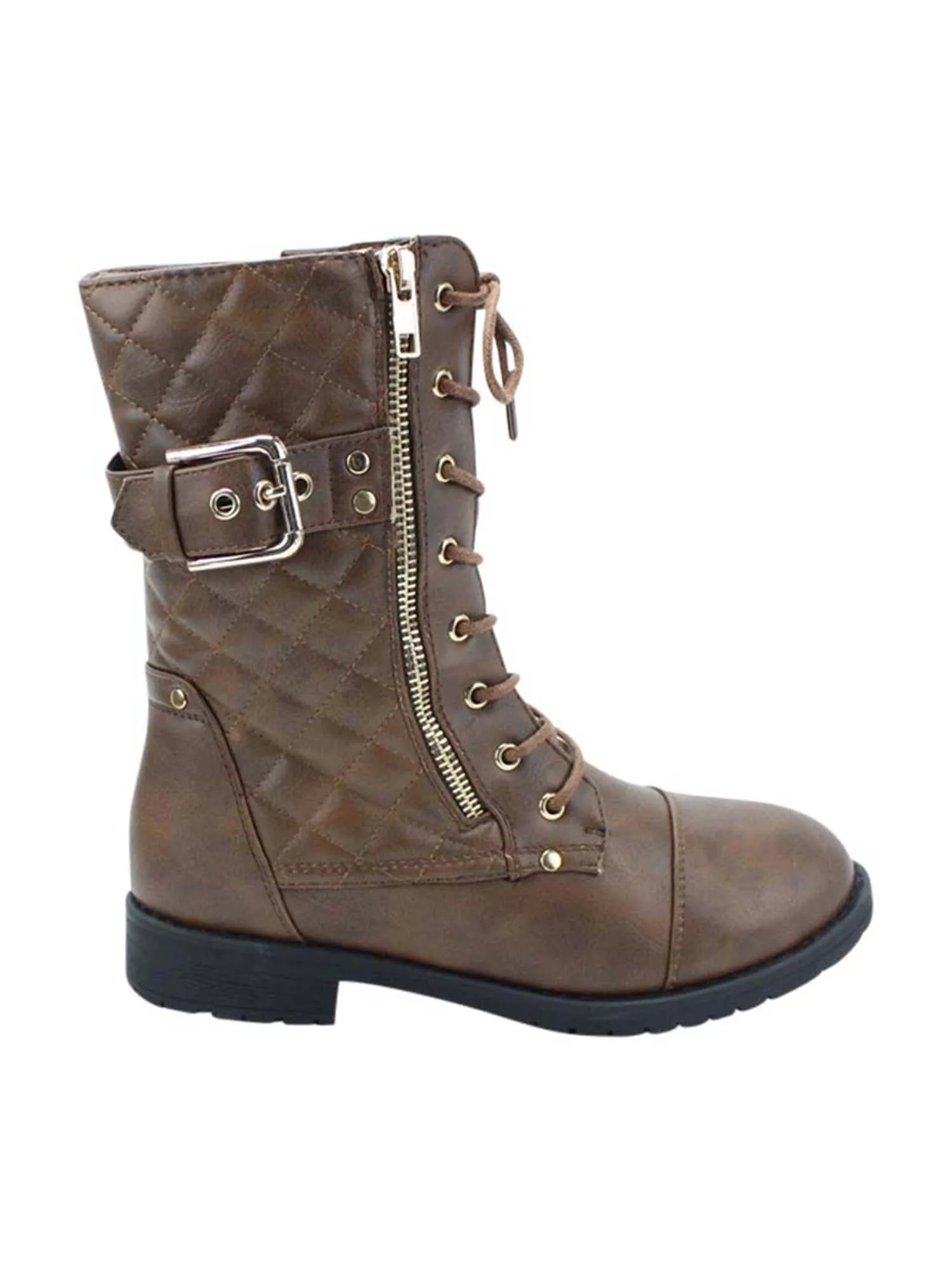 Brown Quilted Womens Combat Boots With Side Buckle Size 6