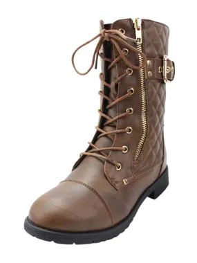 Brown Quilted Womens Combat Boots With Side Buckle Size 6