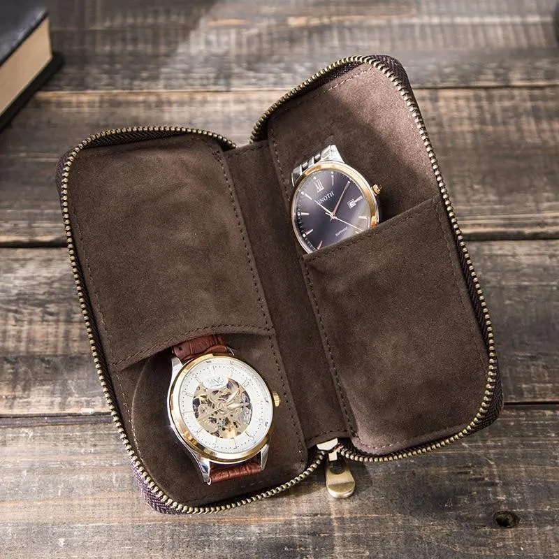 Ethan Rustic Leather 2 Slot Portable Watch Case