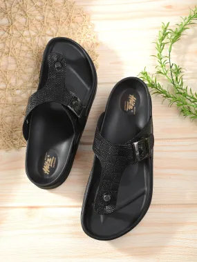 Hitz Men's Black Leather Open Toe Slippers