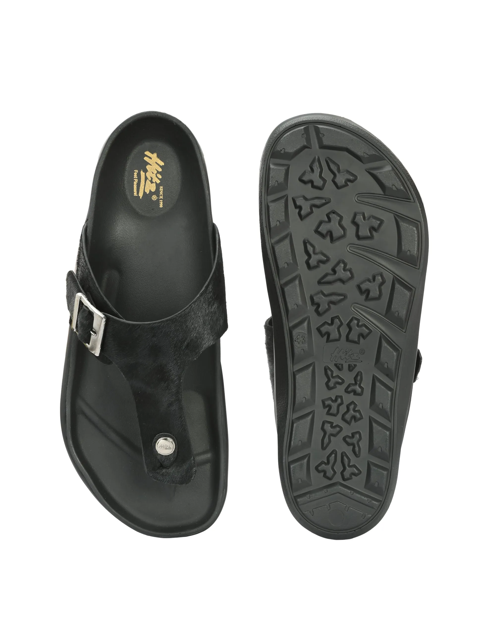 Hitz Men's Black Leather Open Toe Slippers