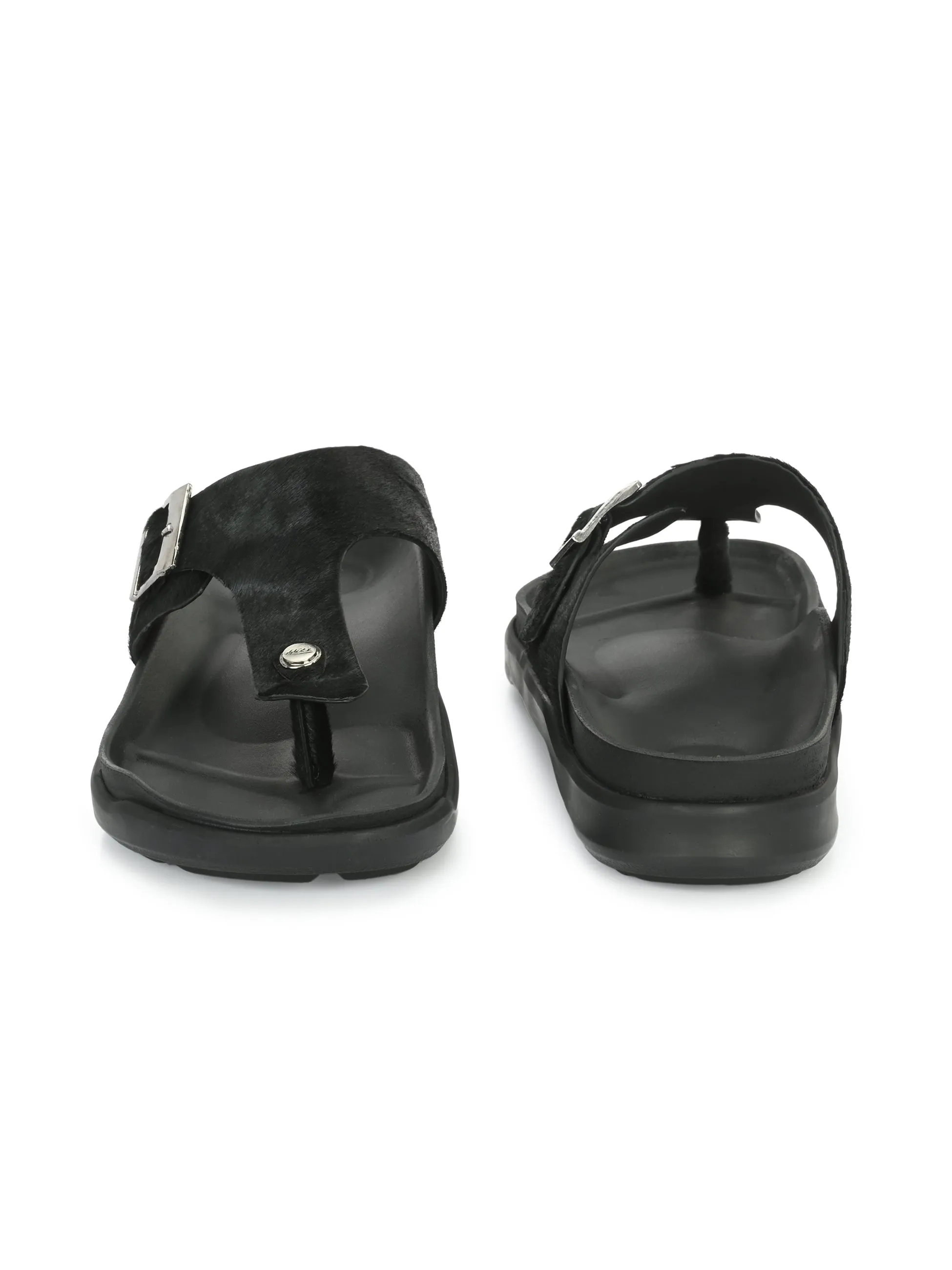 Hitz Men's Black Leather Open Toe Slippers