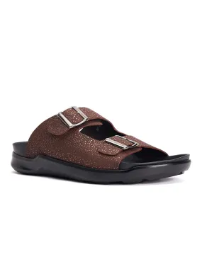 Hitz Men's Brown Leather Open Toe Slippers