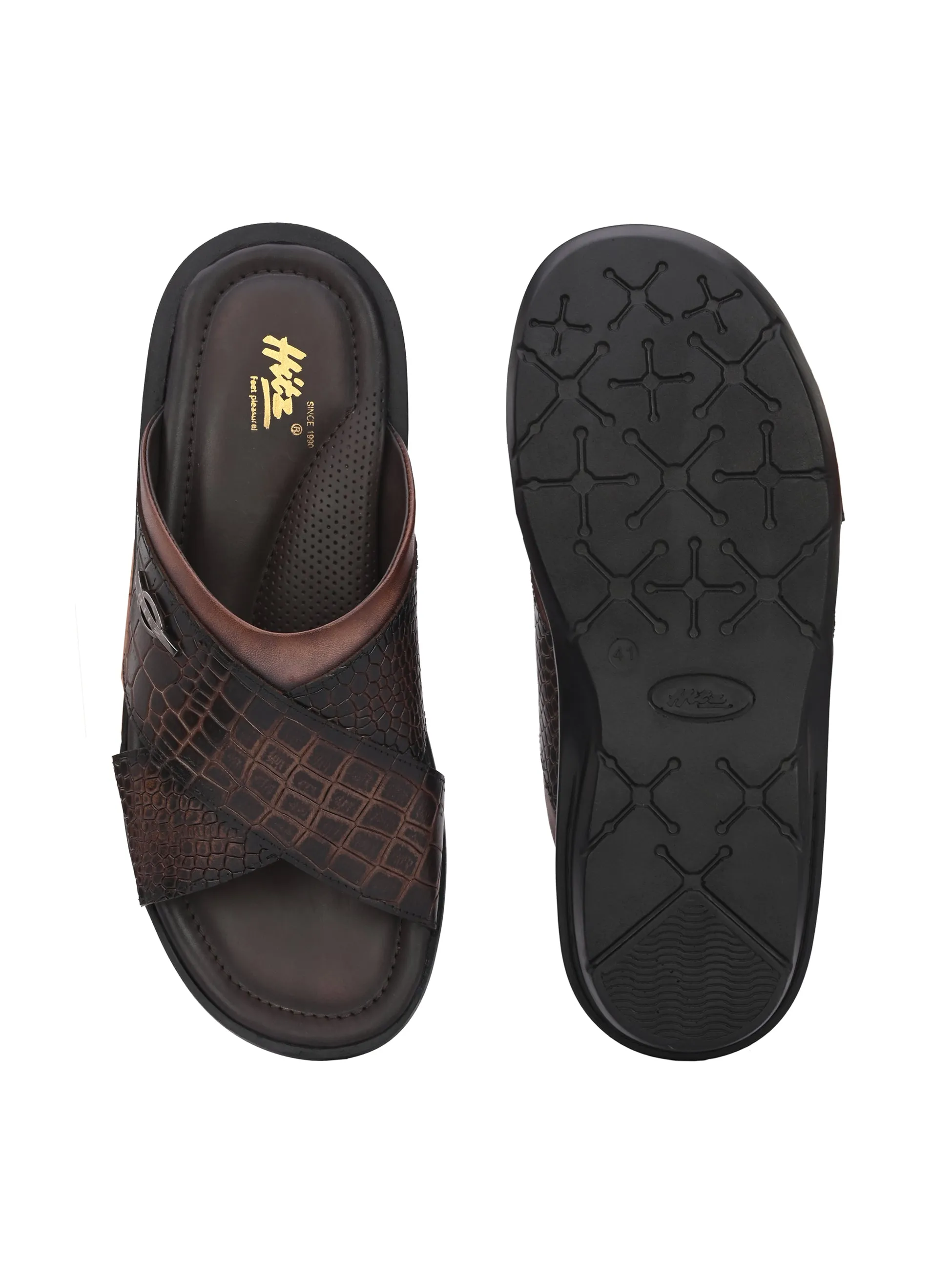 Hitz Men's Brown Leather Open Toe Slippers