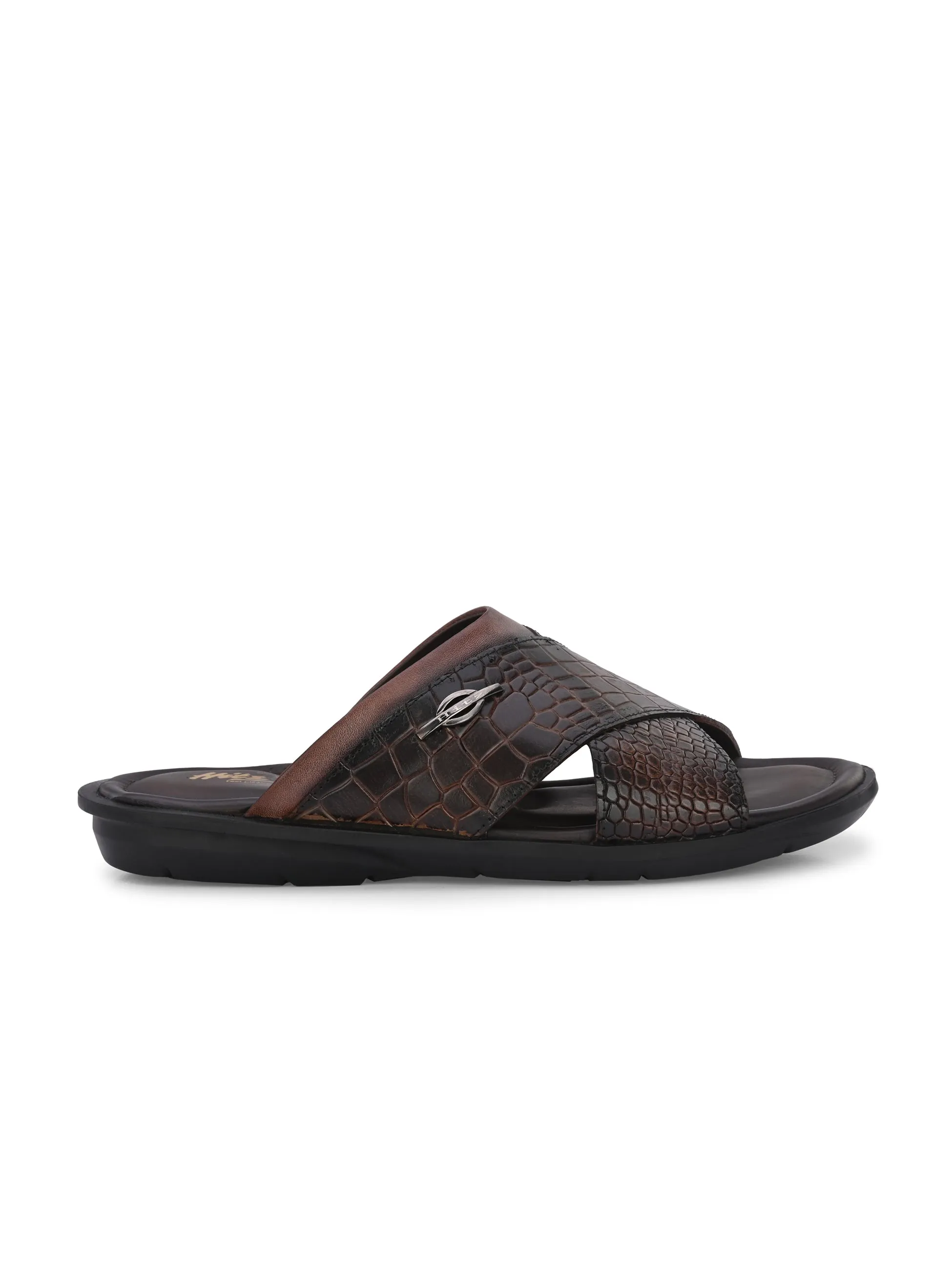 Hitz Men's Brown Leather Open Toe Slippers