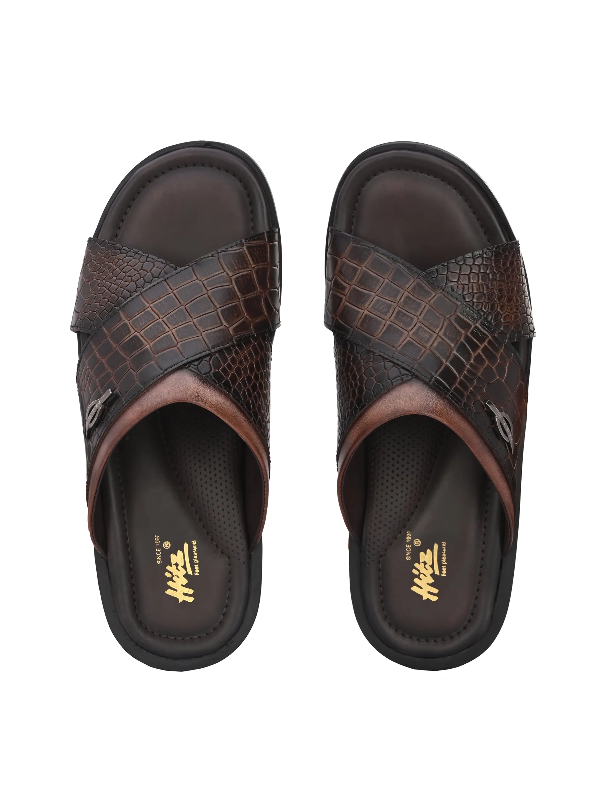 Hitz Men's Brown Leather Open Toe Slippers