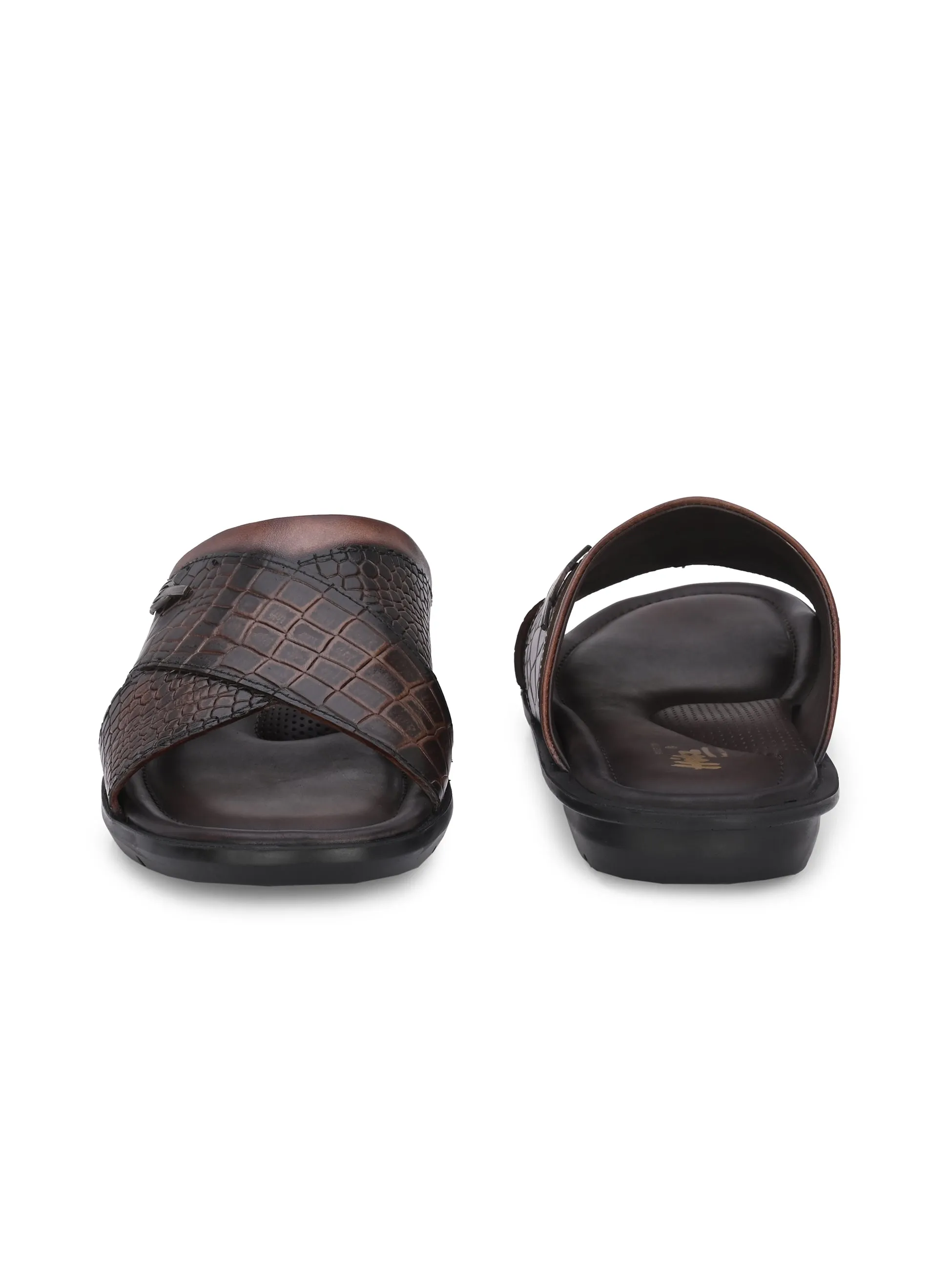 Hitz Men's Brown Leather Open Toe Slippers