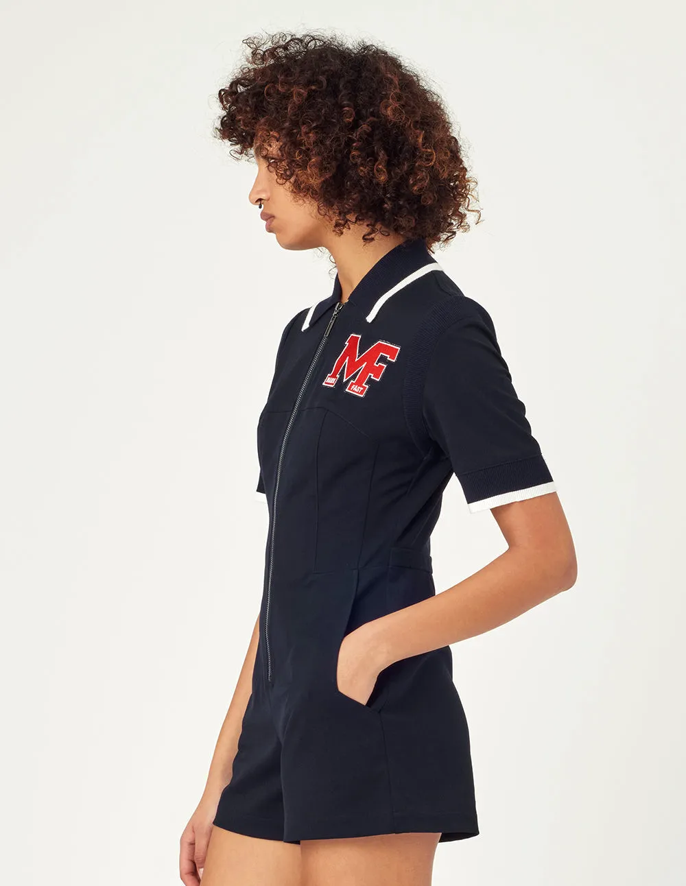 Mark Fast Anne Blue Embroidered Badge Mid-Sleeves Rompers