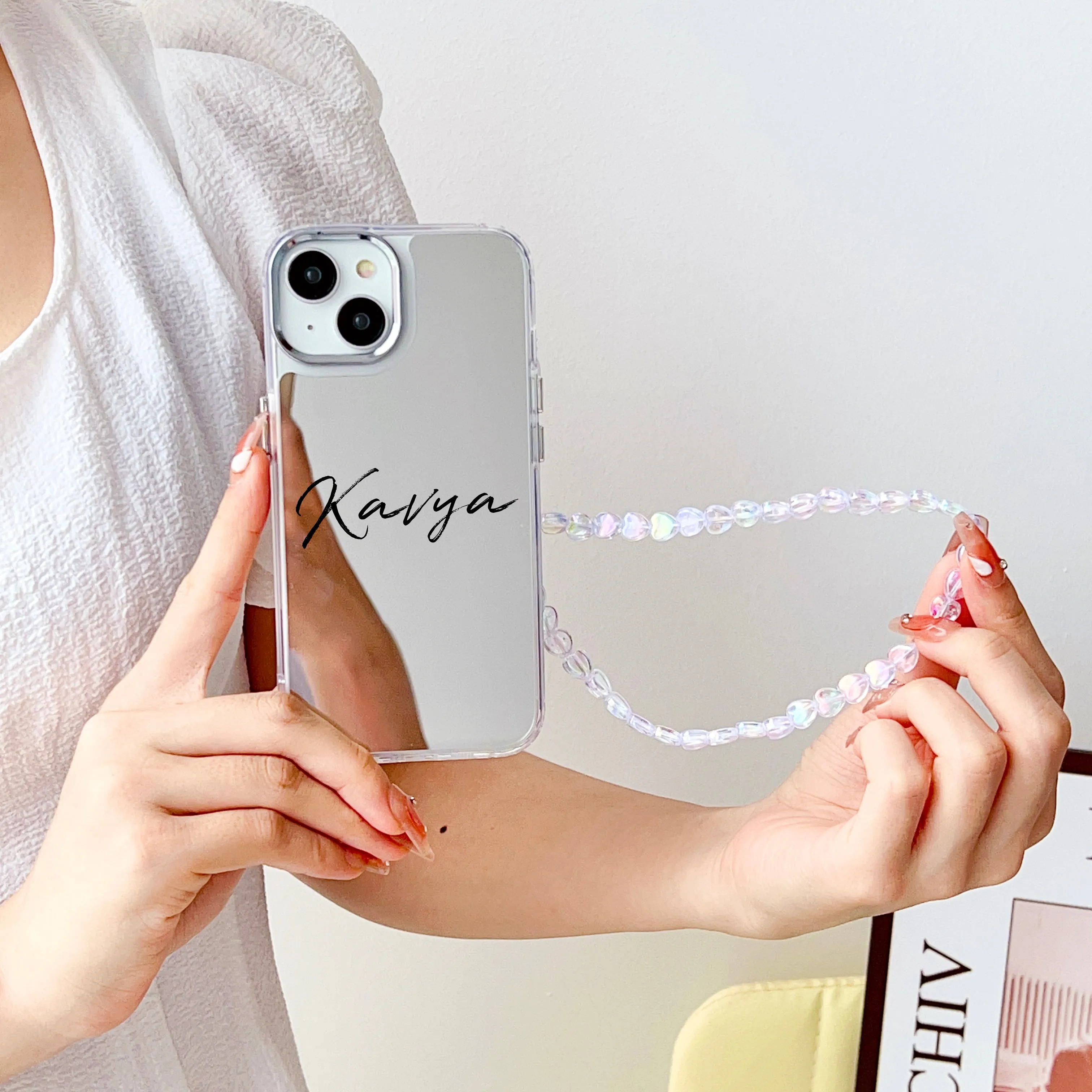 Silver Mirror Designer Customised Case With Heart Crystal Charm